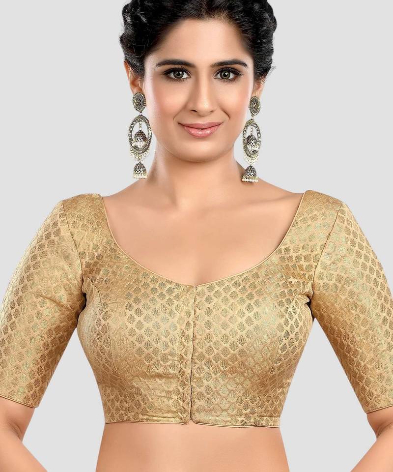 Gold brocade half sleeves padded readymade saree blouse