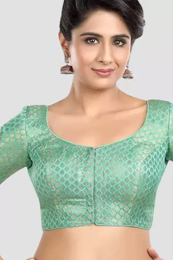 Green brocade half sleeves padded readymade saree blouse