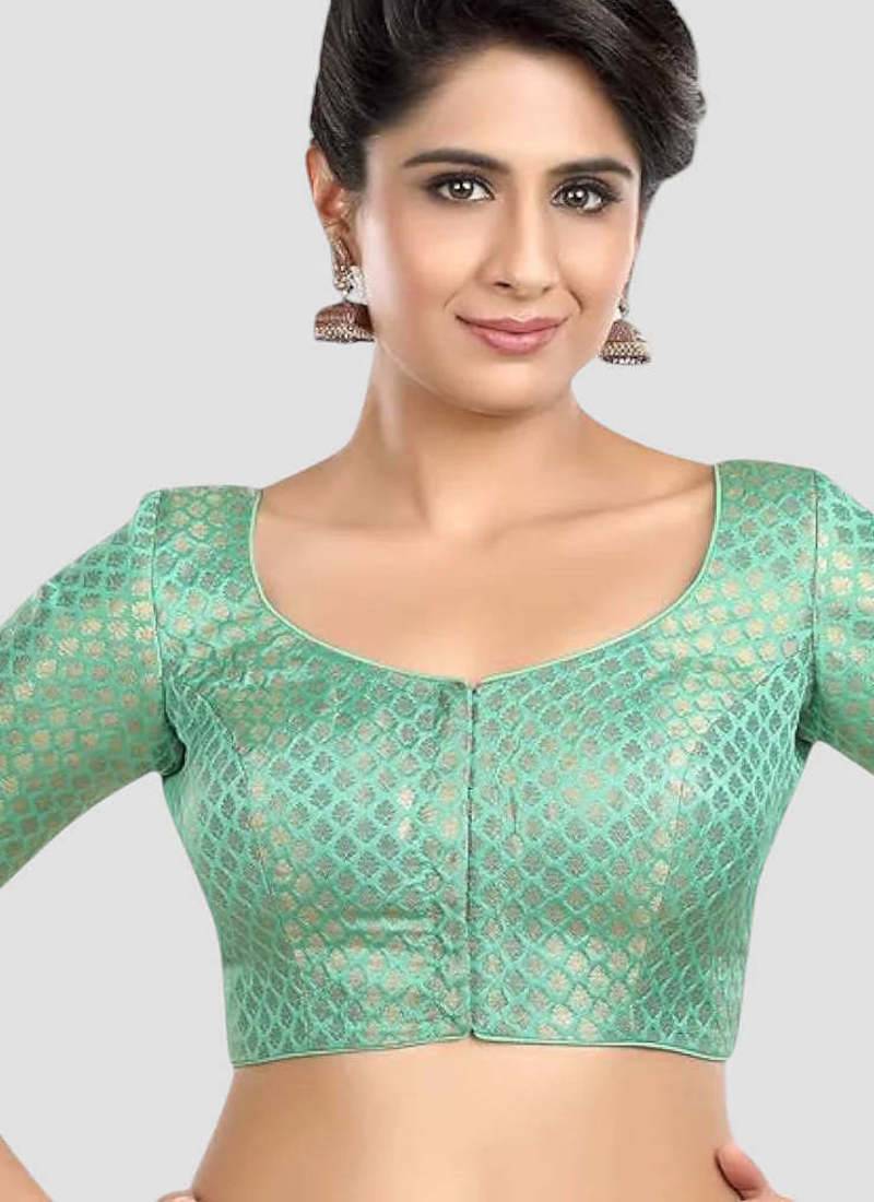 Green brocade half sleeves padded readymade saree blouse