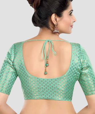 Green brocade half sleeves padded readymade saree blouse 2