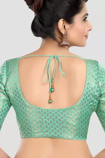 Green brocade half sleeves padded readymade saree blouse