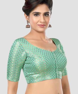 Green brocade half sleeves padded readymade saree blouse 3