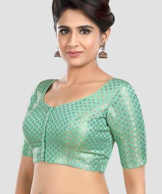 Green brocade half sleeves padded readymade saree blouse 4