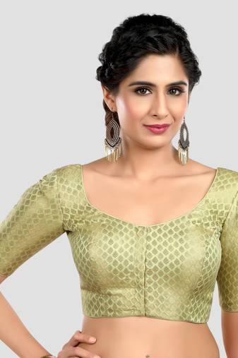 Pista green brocade half sleeves padded readymade saree blouse