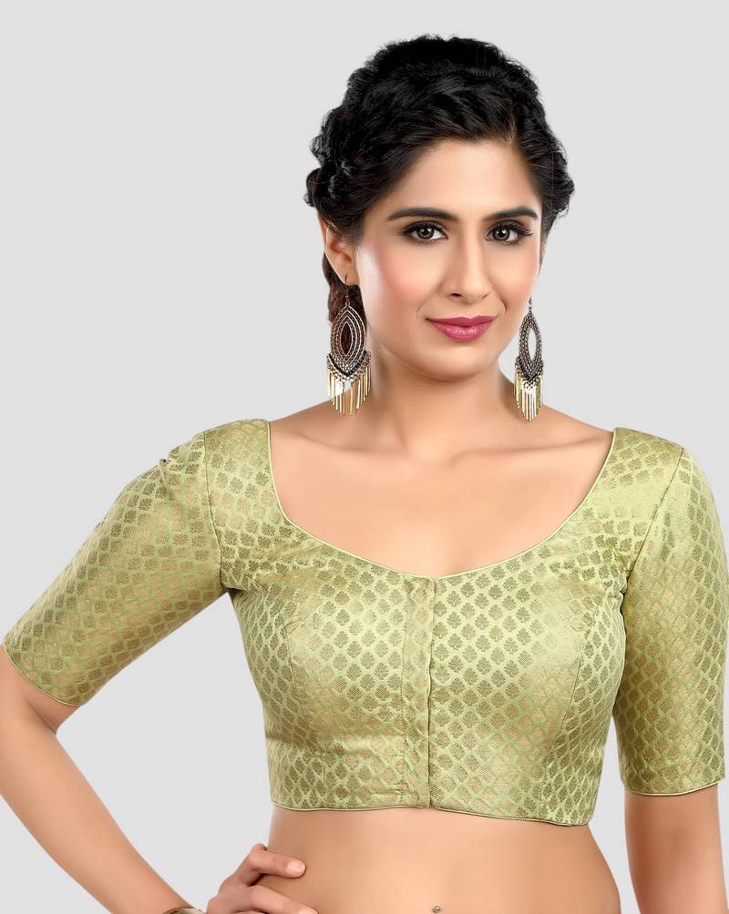 Pista green brocade half sleeves padded readymade saree blouse