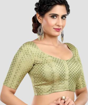 Pista green brocade half sleeves padded readymade saree blouse 3
