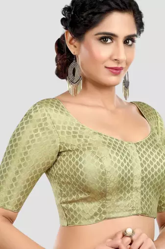 Pista green brocade half sleeves padded readymade saree blouse