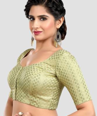 Pista green brocade half sleeves padded readymade saree blouse 4