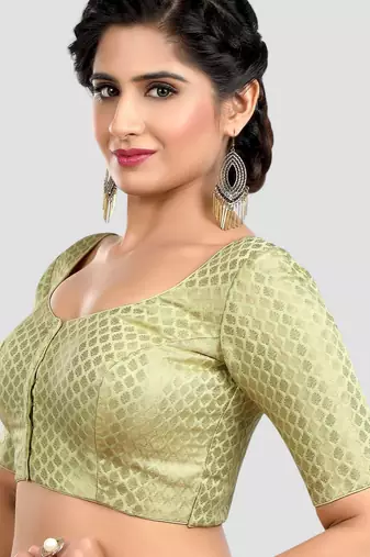 Pista green brocade half sleeves padded readymade saree blouse