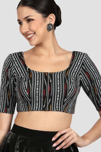 Black ikat handloom cotton padded readymade saree blouse