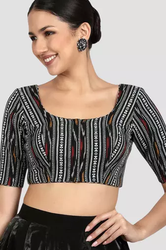 Black ikat handloom cotton padded readymade saree blouse