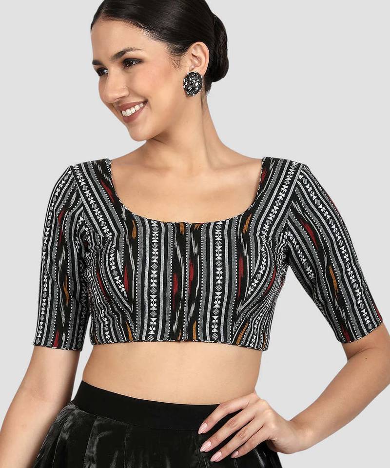 Black ikat handloom cotton padded readymade saree blouse