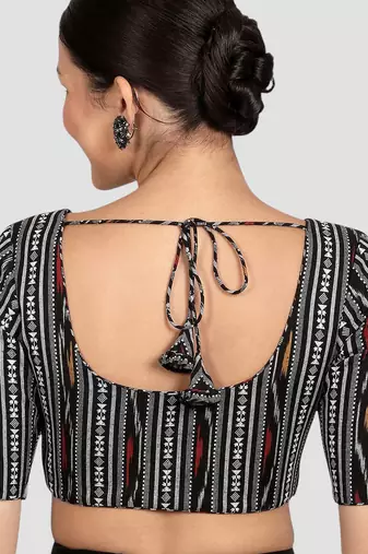 Black ikat handloom cotton padded readymade saree blouse