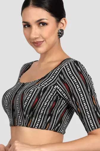 Black ikat handloom cotton padded readymade saree blouse