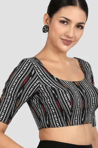 Black ikat handloom cotton padded readymade saree blouse
