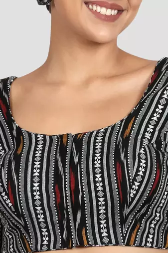 Black ikat handloom cotton padded readymade saree blouse
