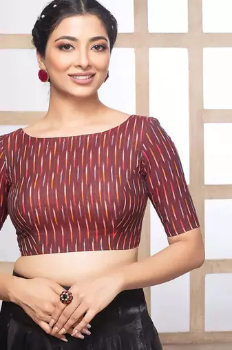 Maroon cotton ikkat print elbow sleeves boat neck readymade saree blouse