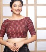 Maroon cotton ikkat print elbow sleeves boat neck readymade saree blouse
