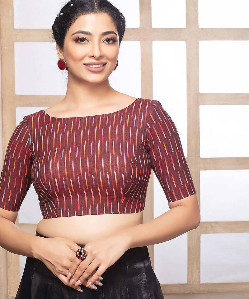 Maroon cotton ikkat print elbow sleeves boat neck readymade saree blouse