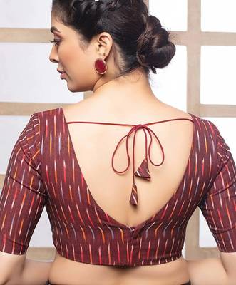 Maroon cotton ikkat print elbow sleeves boat neck readymade saree blouse 2