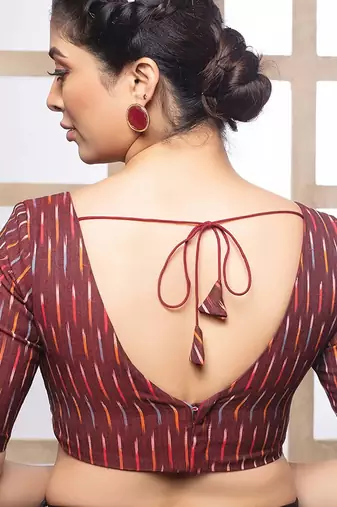 Maroon cotton ikkat print elbow sleeves boat neck readymade saree blouse