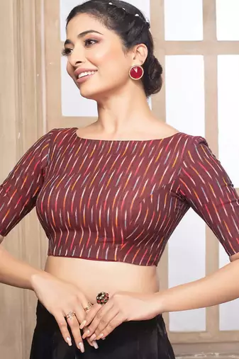 Maroon cotton ikkat print elbow sleeves boat neck readymade saree blouse