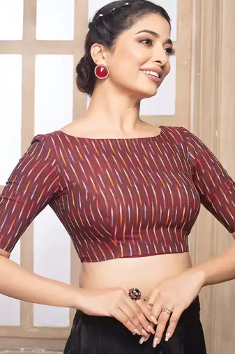 Maroon cotton ikkat print elbow sleeves boat neck readymade saree blouse