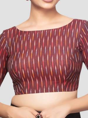 Maroon cotton ikkat print elbow sleeves boat neck readymade saree blouse 5