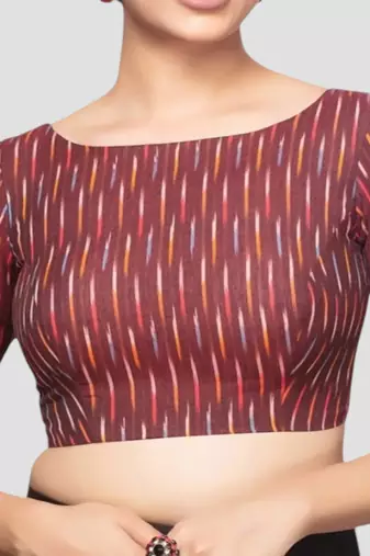 Maroon cotton ikkat print elbow sleeves boat neck readymade saree blouse
