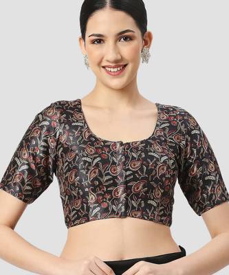 Black paisley silk printed padded round neck half sleeves readymade saree blouse 1