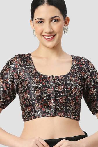 Black paisley silk printed padded round neck half sleeves readymade saree blouse