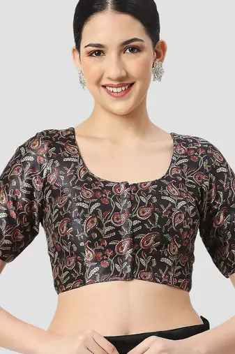 Black paisley silk printed padded round neck half sleeves readymade saree blouse