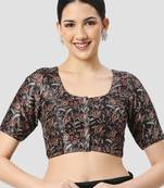 Black paisley silk printed padded round neck half sleeves readymade saree blouse