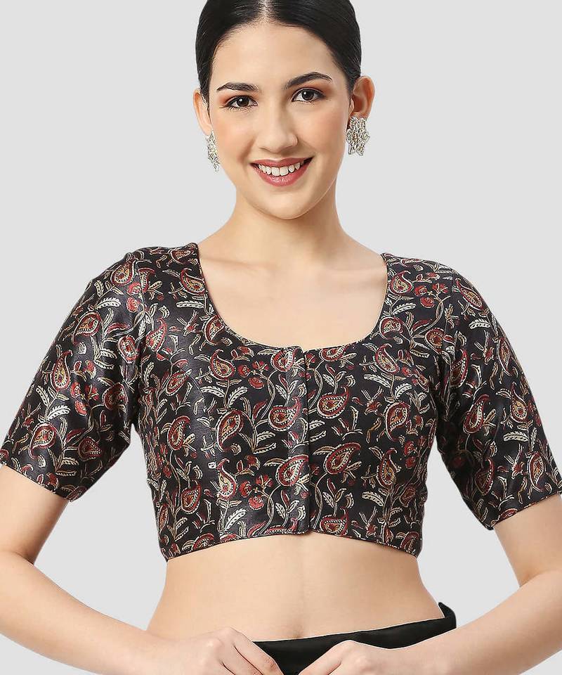 Black paisley silk printed padded round neck half sleeves readymade saree blouse