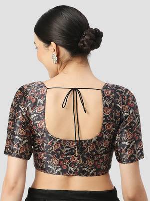 Black paisley silk printed padded round neck half sleeves readymade saree blouse 2