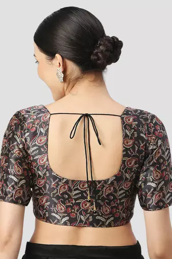 Black paisley silk printed padded round neck half sleeves readymade saree blouse