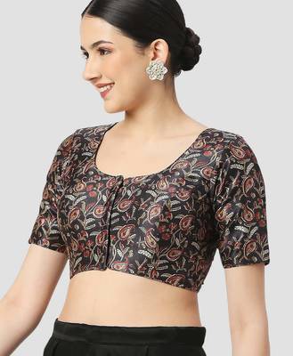 Black paisley silk printed padded round neck half sleeves readymade saree blouse 3