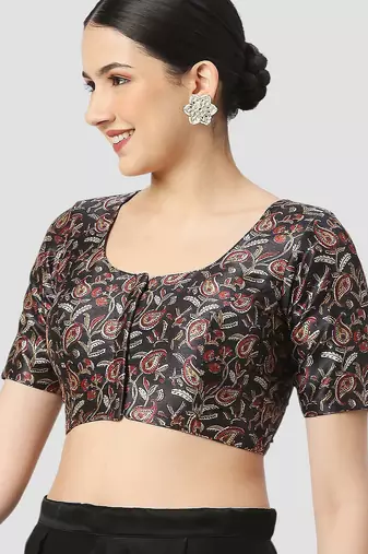 Black paisley silk printed padded round neck half sleeves readymade saree blouse