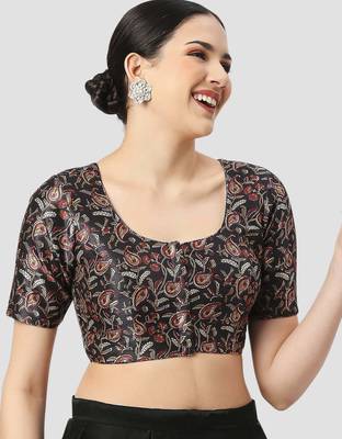 Black paisley silk printed padded round neck half sleeves readymade saree blouse 4