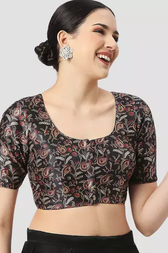 Black paisley silk printed padded round neck half sleeves readymade saree blouse