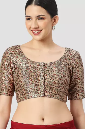 Printed padded round neck half sleeves readymade saree blouse