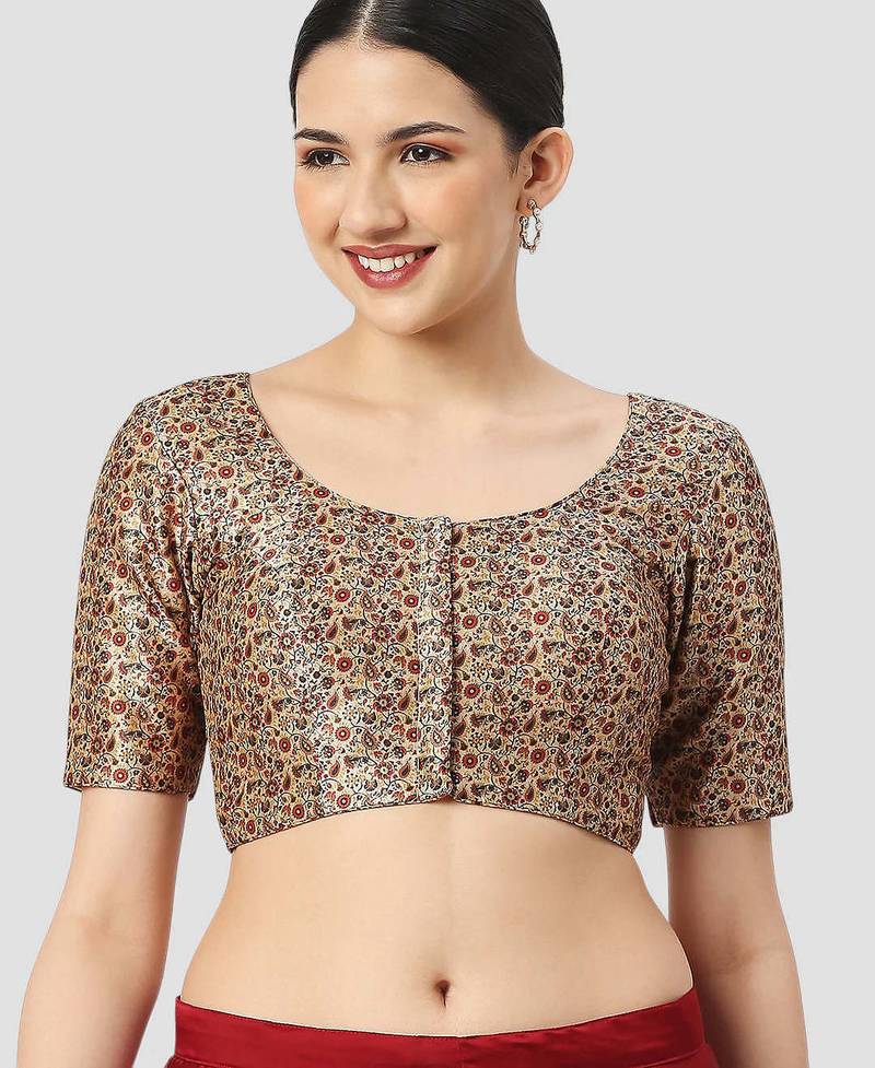 Printed padded round neck half sleeves readymade saree blouse