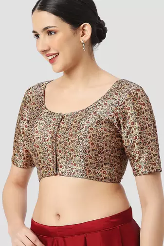 Printed padded round neck half sleeves readymade saree blouse