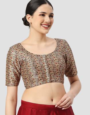 Printed padded round neck half sleeves readymade saree blouse 4