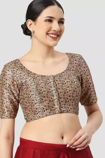 Printed padded round neck half sleeves readymade saree blouse