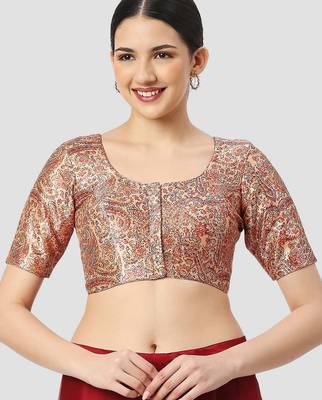 Beige silk printed round neck half sleeves readymade saree blouse 1