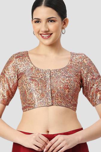 Beige silk printed round neck half sleeves readymade saree blouse