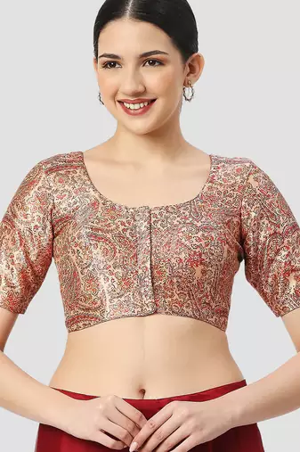 Beige silk printed round neck half sleeves readymade saree blouse