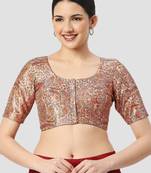 Beige silk printed round neck half sleeves readymade saree blouse