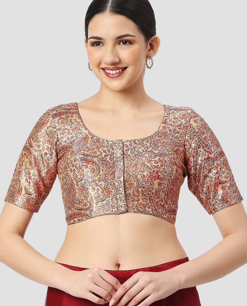 Beige silk printed round neck half sleeves readymade saree blouse